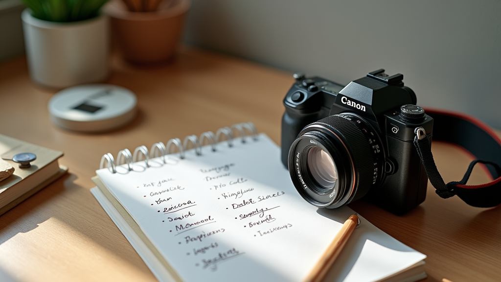 A camera resting beside a notepad with photo ideas, surrounded by natural light and creative objects, on a cozy desk.