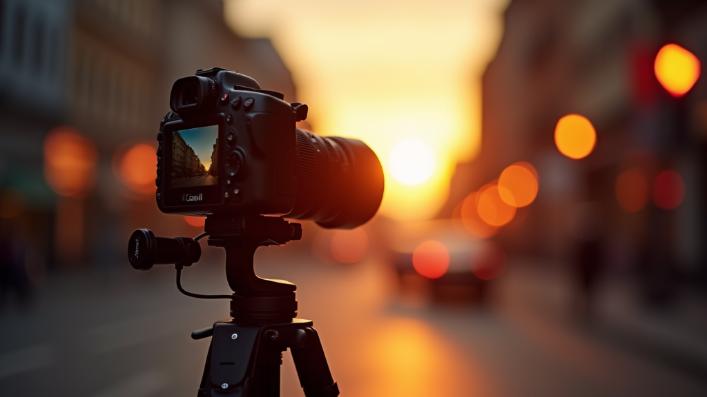 A camera setup on a tripod, capturing an urban sunset with challenging lighting conditions such as mixed sunlight, deep shadows, and artificial lights.