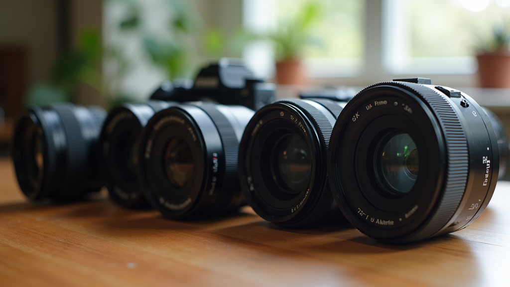 A close-up of several prime camera lenses arranged on a wooden table with natural light