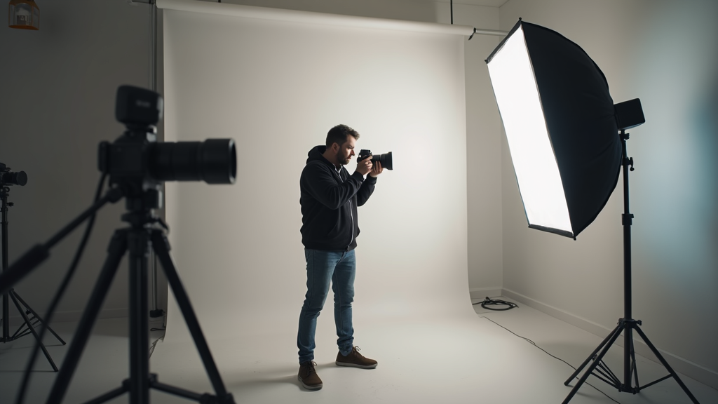 A portable flash, wireless trigger, and light stand arranged on a wooden table beside a DSLR camera and small softbox.