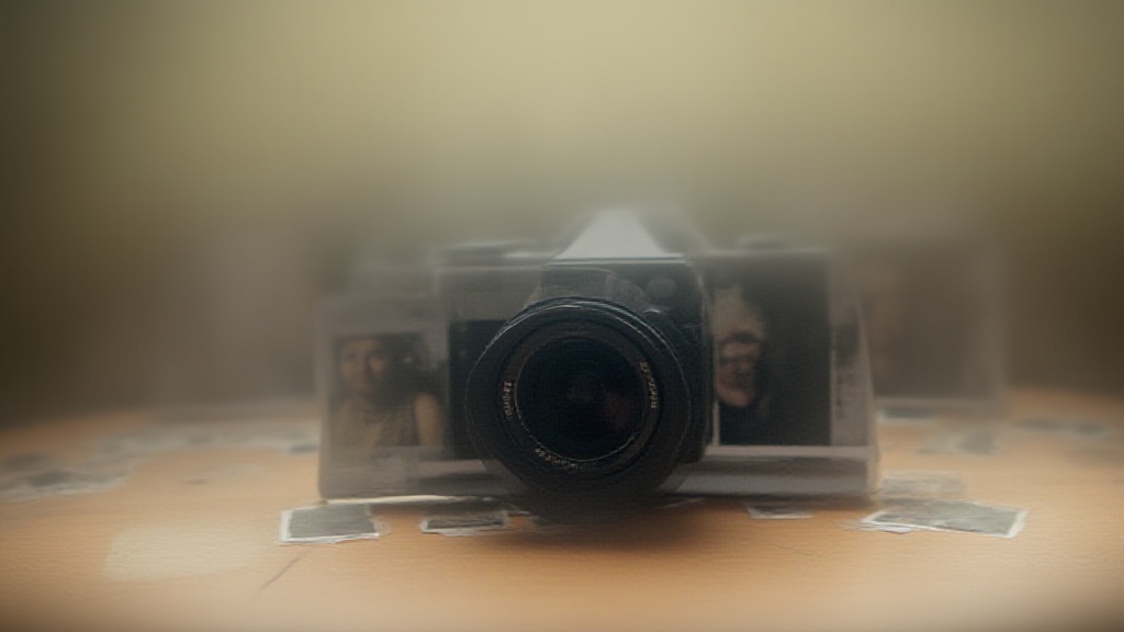 A classic camera sitting on a wooden table surrounded by natural light, with blurred portrait photos in the background.