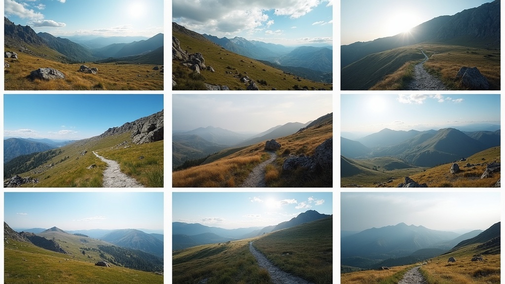 A series of landscape photos laid out in a grid, each showing different perspectives and lighting, with textured natural settings.