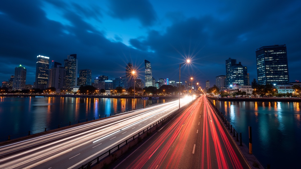 Long exposure photography at night with light trails and blurred clouds over a cityscape and a river at dusk