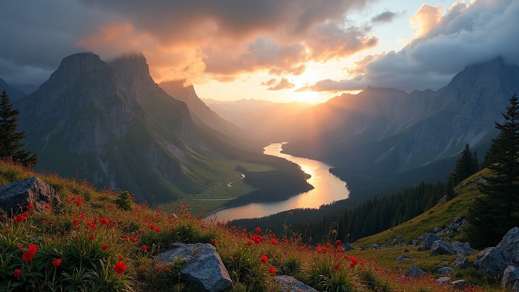 A breathtaking sunrise landscape with a winding river, dramatic clouds, and balanced composition