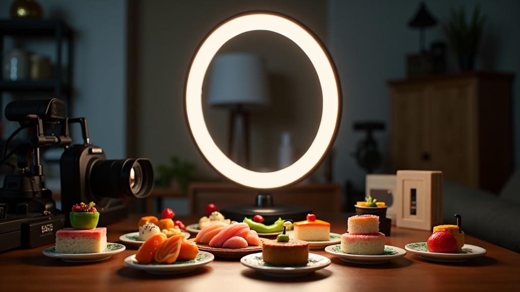 A bright circular LED ring light shining on a setup of colorful miniature foods, shot from above on a clean desk with a camera nearby.