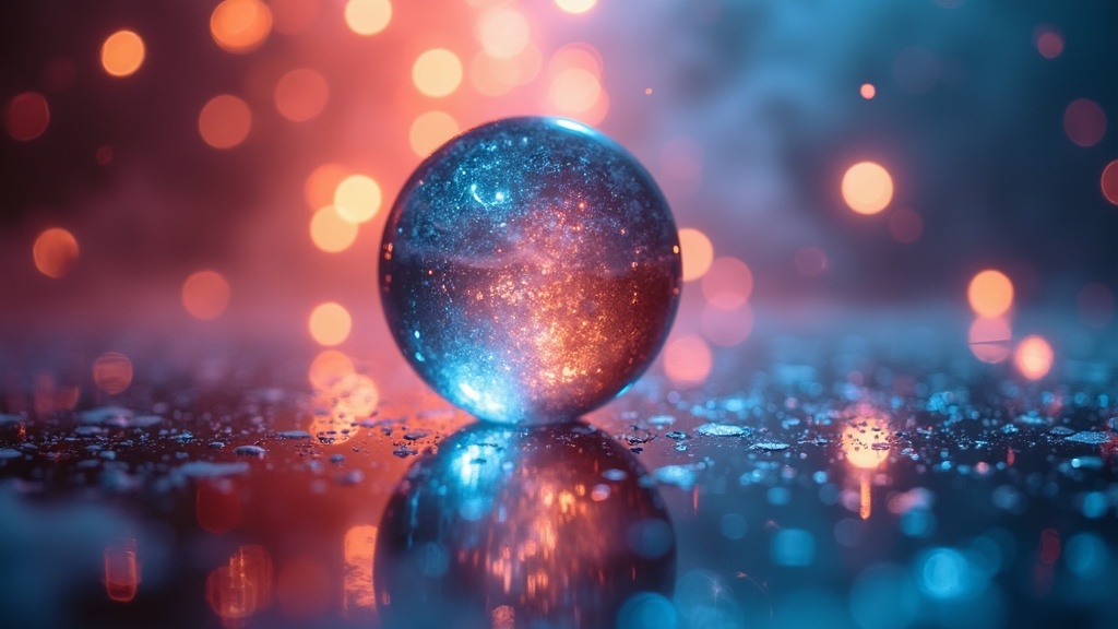A dreamy scene featuring multicolored prism light rays and soft, out-of-focus shapes, reflecting through a glass object.