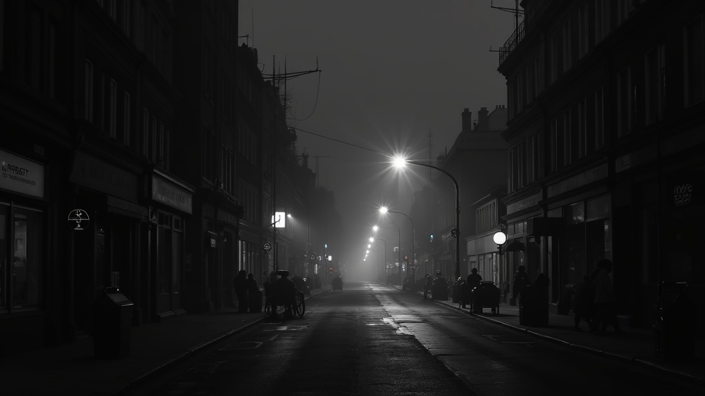 A moody black and white cityscape at night with deep shadows and bright highlights