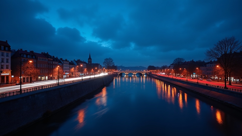 A nighttime cityscape showing light trails from moving traffic along a bridge, shimmering reflections on the water, and stars softly streaking overhead.