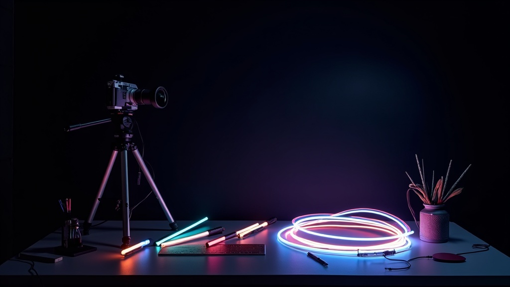 Colorful stop motion light painting workspace with various LED tools, cameras, and a dark background