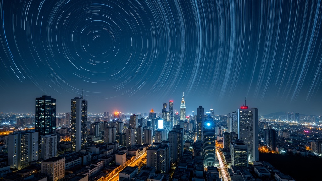 Star trails above a cityscape with light pollution and skyscrapers