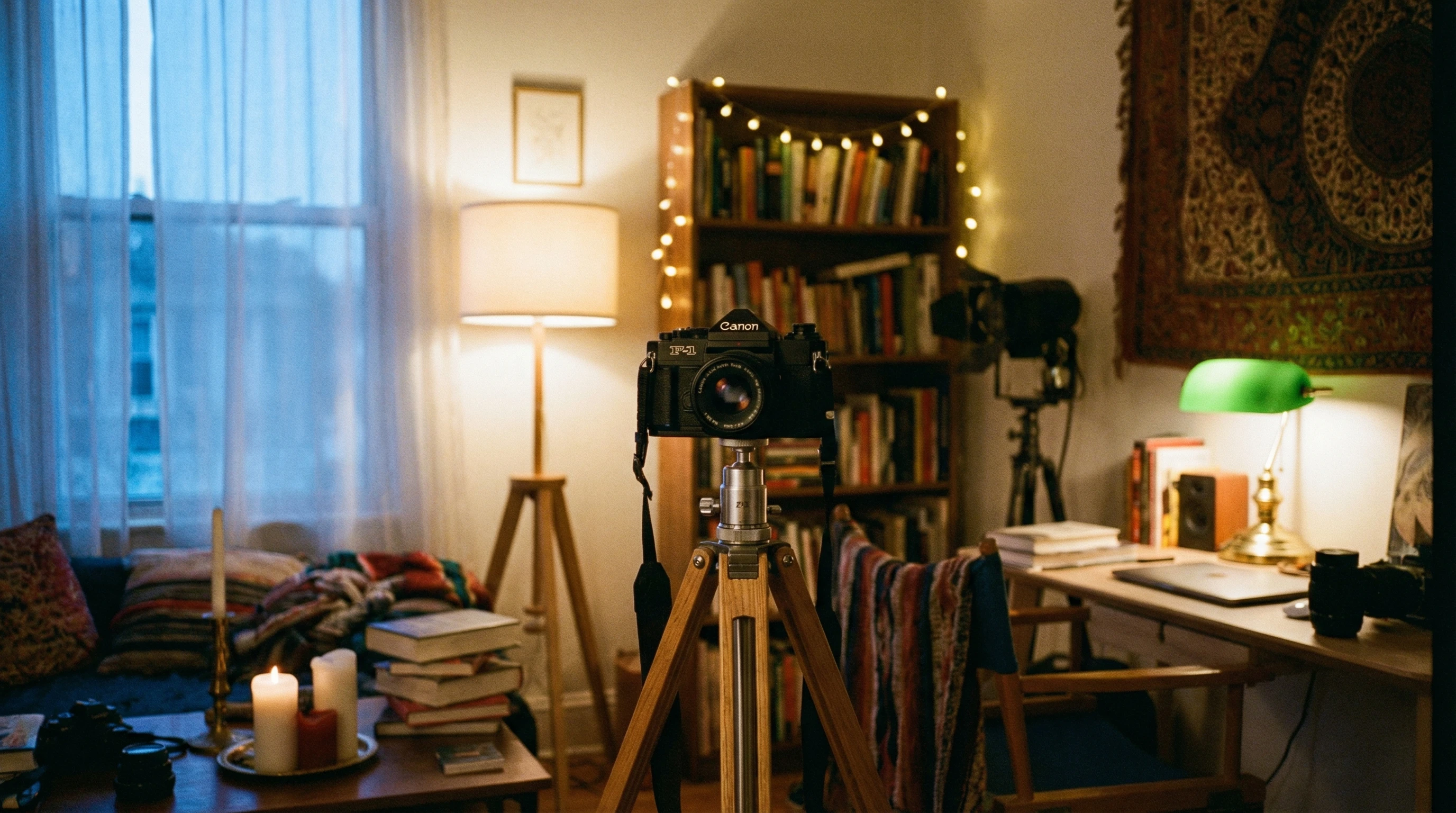 A camera on a tripod in a cozy, dim room, softly lit by a window at dusk