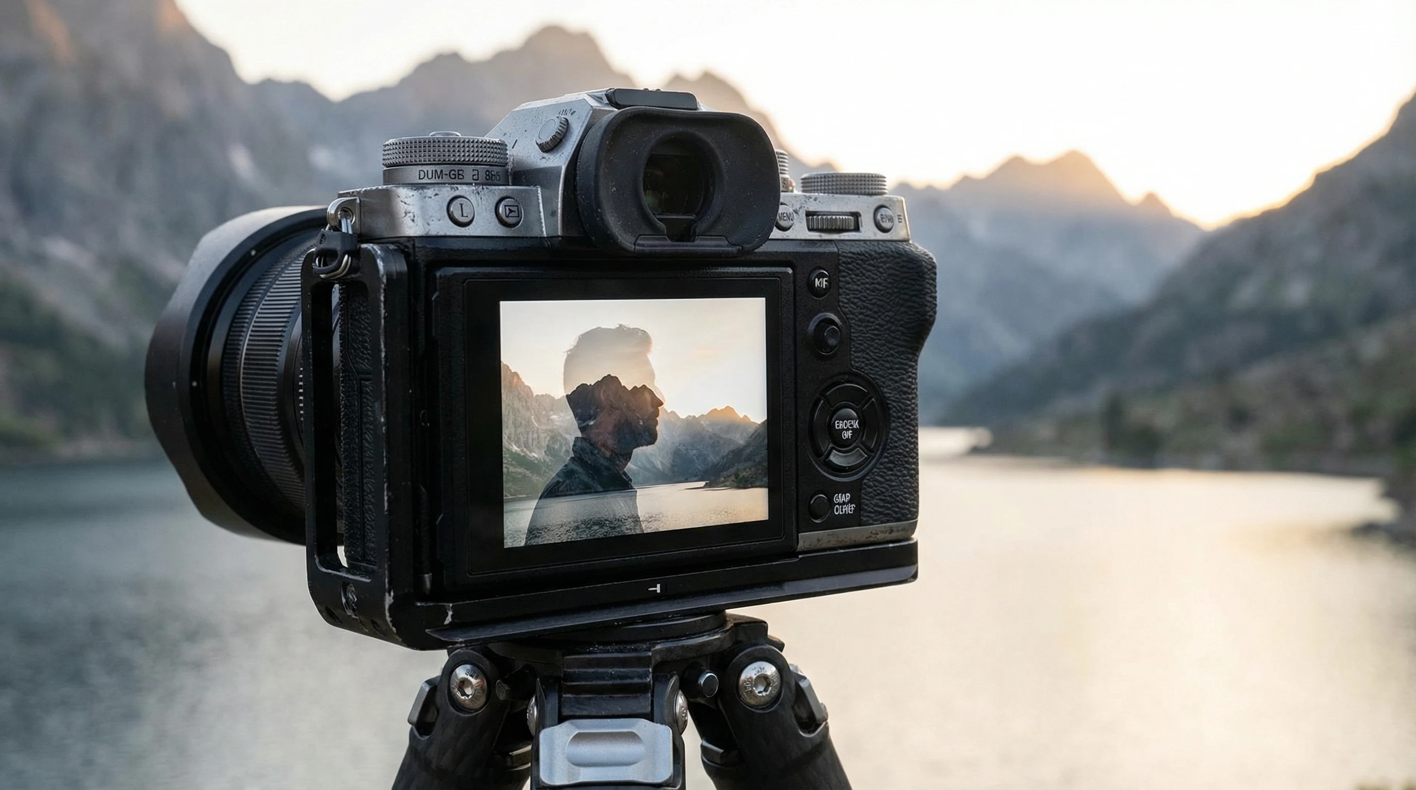 A modern mirrorless camera on a tripod, facing a scenic landscape. Double exposure effect is visible on the LCD screen, blending a person's profile with a mountain view.