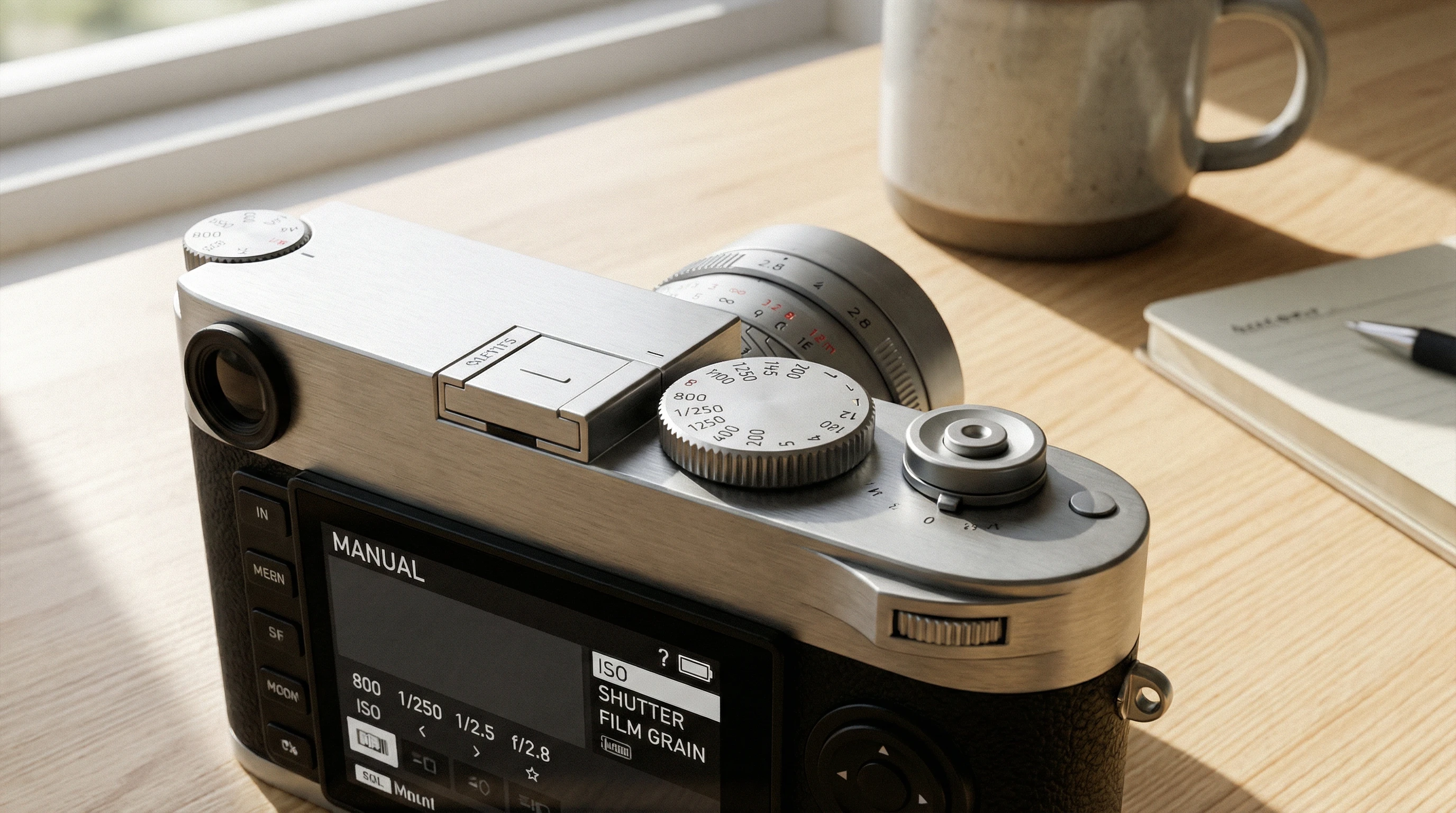Close-up of a camera in manual mode settings, showing dials and display with ISO, aperture, and shutter speed.