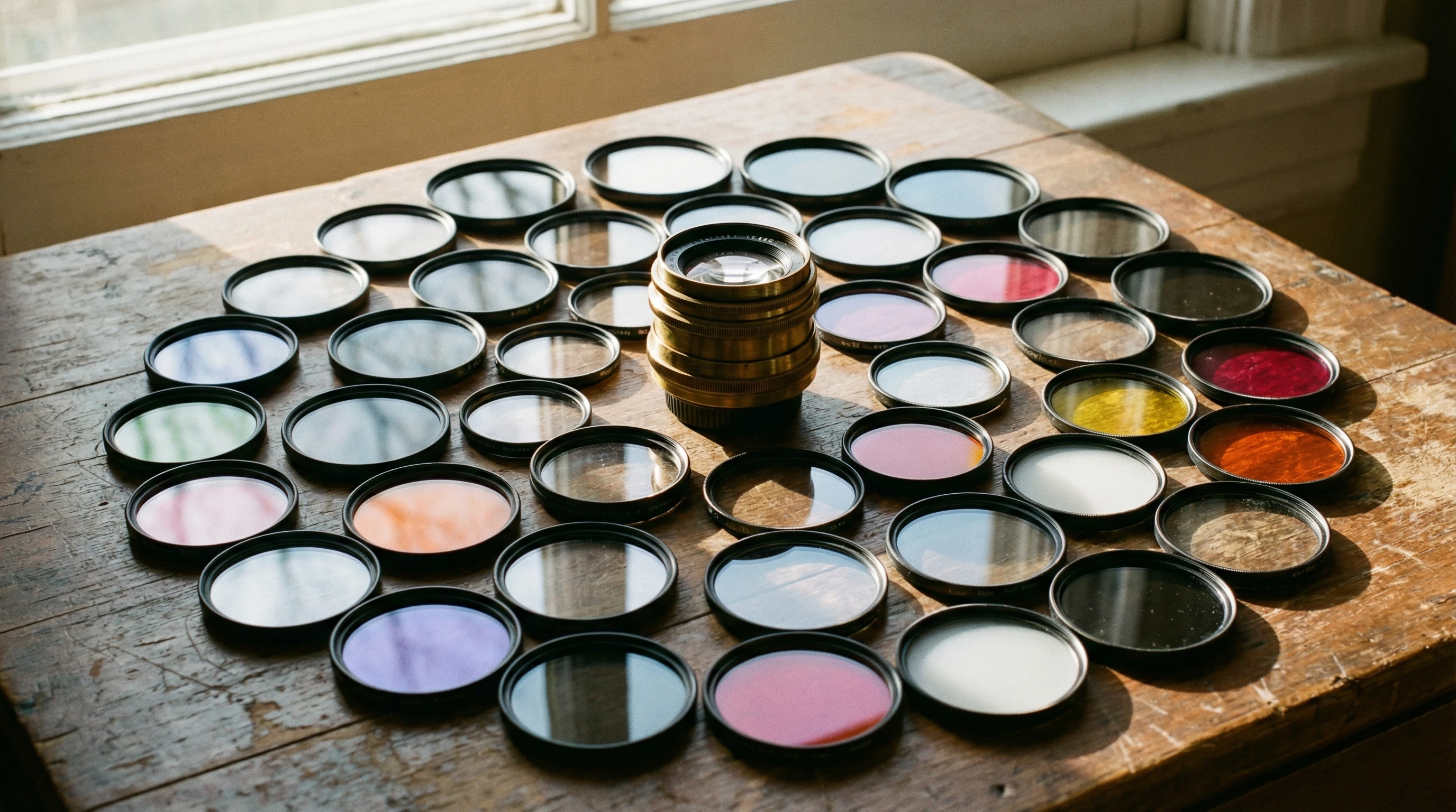 colorful photography filters and camera lenses on a textured wooden background