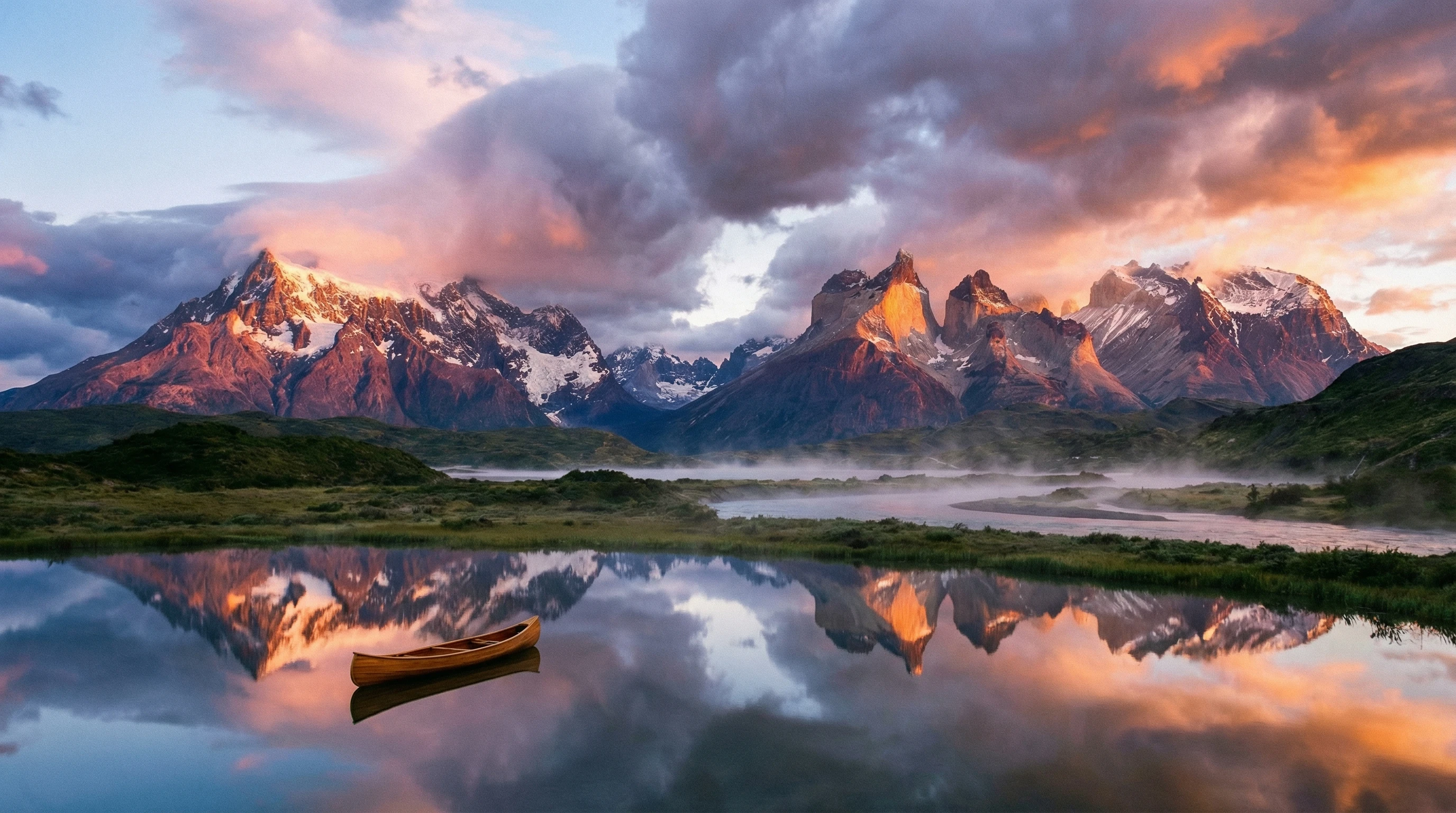 Mountain landscape with colorful sky, lake, and dramatic clouds, inspired by classic landscape photography masters.
